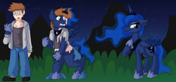 Size: 1280x592 | Tagged: safe, artist:detectivecoon, imported from derpibooru, princess luna, oc, alicorn, human, pony, ethereal mane, ethereal tail, female, gritted teeth, human to pony, male, male to female, mare, rule 63, starry mane, starry tail, tail, teeth, transformation, transformation sequence, transgender transformation