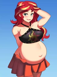 Size: 640x853 | Tagged: safe, artist:tzc, imported from derpibooru, sunset shimmer, human, belly, big belly, clothes, commission, female, gradient background, humanized, light skin, preggo shimmer, pregnant, solo, sunset preggers, swimsuit