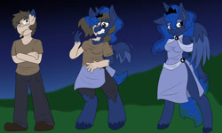 Size: 1280x768 | Tagged: safe, artist:detectivecoon, imported from derpibooru, princess luna, oc, alicorn, anthro, human, blushing, clothes, female, gritted teeth, human to anthro, male, male to female, rule 63, teeth, transformation, transformation sequence, transforming clothes, transgender transformation