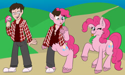Size: 1280x768 | Tagged: safe, artist:detectivecoon, imported from derpibooru, pinkie pie, oc, earth pony, human, pony, ;p, female, human to pony, looking at you, male, male to female, mare, one eye closed, raised hoof, rule 63, tongue out, transformation, transformation sequence, transgender transformation, unshorn fetlocks, wink, winking at you