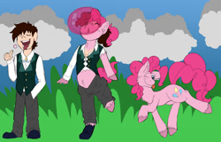 Size: 1280x820 | Tagged: safe, artist:detectivecoon, imported from derpibooru, pinkie pie, oc, earth pony, human, pony, ;p, female, human to pony, looking at you, male, male to female, mare, one eye closed, rule 63, tongue out, transformation, transformation sequence, transgender transformation, wink, winking at you