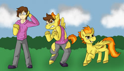 Size: 1280x734 | Tagged: safe, artist:detectivecoon, imported from derpibooru, spitfire, oc, human, pegasus, pony, female, glasses, grin, gritted teeth, human to pony, male, male to female, mare, rule 63, smiling, teeth, transformation, transformation sequence, transgender transformation