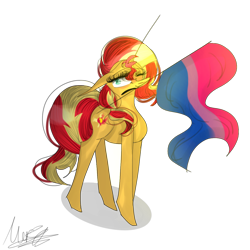 Size: 1280x1280 | Tagged: safe, artist:marzistudios, imported from derpibooru, sunset shimmer, pony, unicorn, bisexual pride flag, female, flag, mouth hold, pride, pride flag, simple background, solo, transparent background