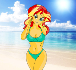Size: 3448x3168 | Tagged: safe, artist:aboimages03, imported from derpibooru, sunset shimmer, human, equestria girls, beach, beautiful, belly button, bikini, breasts, busty sunset shimmer, cleavage, clothes, cute, female, green bikini, legs together, ocean, shimmerbetes, solo, swimsuit, swimsuit sunset shimmer, water