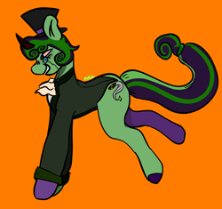 Size: 1304x1226 | Tagged: safe, alternate version, artist:maggot, imported from derpibooru, oc, oc only, oc:high society, pony, unicorn, clothes, colored hooves, grin, hat, hooves, monochrome, orange background, simple background, smiling, solo, tail, top hat