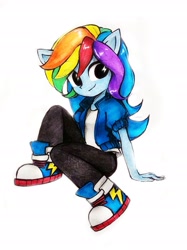 Size: 2033x2711 | Tagged: safe, artist:liaaqila, imported from derpibooru, part of a set, rainbow dash, human, equestria girls, clothes, converse, cute, dashabetes, equestria girls minis, female, pony ears, shoes, simple background, solo, toy interpretation, traditional art, white background