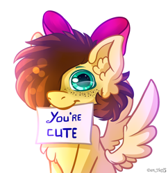 Size: 1992x2056 | Tagged: safe, artist:yuris, imported from derpibooru, oc, oc only, oc:yuris, pegasus, pony, big eyes, bow, cute, ears up, female, filly, foal, freckles, hair bow, looking at you, mouth hold, sign, simple background, smiling, solo, spread wings, white background, wings