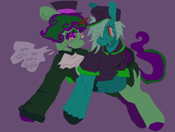 Size: 1425x1073 | Tagged: safe, artist:maggot, imported from derpibooru, oc, oc only, oc:high society, oc:menthol virtue, earth pony, pony, unicorn, clothes, crying, dialogue, drugs, duo, hat, hooves, js paint, lidded eyes, looking at each other, looking at someone, male, marijuana, purple background, simple background, speech bubble, stallion, stoner, sweat, top hat, unshorn fetlocks