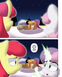 Size: 3000x3700 | Tagged: safe, artist:begoliah, imported from derpibooru, apple bloom, scootaloo, sweetie belle, earth pony, pegasus, pony, unicorn, comic:crusaders, apple bloom's bow, bow, butt, comic, cutie mark crusaders, dialogue, dying for pie, female, glowing, glowing horn, hair bow, horn, plot, speech bubble, spongebob squarepants