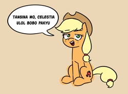 Size: 1084x796 | Tagged: safe, artist:makaryo, imported from derpibooru, applejack, earth pony, pony, beige background, dialogue, female, filipino, implied princess celestia, looking at you, mare, simple background, sitting, solo, speech bubble, talking to viewer, vulgar