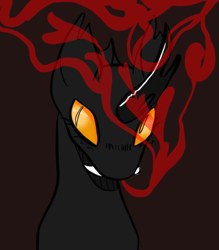 Size: 700x800 | Tagged: safe, artist:maggot, imported from derpibooru, oc, oc only, changeling, bust, fangs, heart, sharp teeth, simple background, slit pupils, solo, teeth, yellow changeling