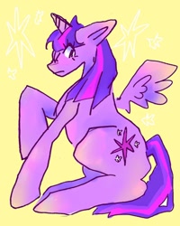 Size: 1080x1350 | Tagged: safe, artist:slugtrain, imported from derpibooru, twilight sparkle, alicorn, pony, female, mare, raised hoof, simple background, sitting, solo, sparkles, spread wings, twilight sparkle (alicorn), wings, yellow background