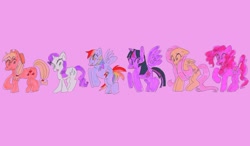 Size: 1080x629 | Tagged: safe, artist:slugtrain, imported from derpibooru, applejack, fluttershy, pinkie pie, rainbow dash, rarity, twilight sparkle, alicorn, earth pony, pegasus, pony, unicorn, female, floating wings, folded wings, g4, looking back, mane six, mare, marker drawing, open mouth, open smile, pink background, raised hoof, rearing, shy, simple background, smiling, spread wings, traditional art, twilight sparkle (alicorn), wings