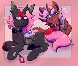 Size: 2000x1707 | Tagged: safe, artist:goblinkimg, imported from derpibooru, oc, oc only, oc:heartstring fiddler, changeling, unicorn, changeling oc, collar, heart, hoof heart, horn, leash, pink background, pink changeling, simple background, underhoof, unicorn oc