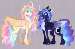 Size: 1280x838 | Tagged: safe, artist:wanderingpegasus, imported from derpibooru, princess celestia, princess luna, alicorn, pony, beard, chest fluff, cloven hooves, colored wings, curved horn, ear fluff, facial hair, gray background, horn, multicolored wings, redesign, royal sisters, siblings, simple background, sisters, twitterina design, unshorn fetlocks, wing ears, wings