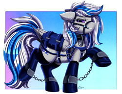 Size: 3130x2408 | Tagged: safe, artist:pridark, imported from derpibooru, oc, oc only, oc:lady lightning strike, pegasus, pony, bdsm, bit gag, bondage, bound wings, bridle, chains, clothes, collar, gag, harness, latex, latex socks, lip bite, name tag, socks, solo, stockings, tack, thigh highs, wings