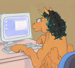 Size: 1584x1453 | Tagged: safe, artist:thunderpibb, imported from derpibooru, oc, oc only, alicorn, pony, chair, commission, computer, computer mouse, folded wings, glasses, hoers, indoors, keyboard, rear view, sitting, solo, squint, wings