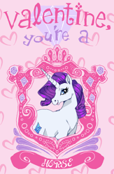 Size: 1248x1920 | Tagged: safe, artist:njeekyo, imported from derpibooru, rarity, pony, unicorn, female, heart, mare, pink background, remake, simple background, solo, text, valentine you're a horse, valentine's day card