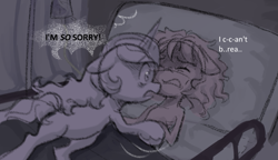 Size: 1195x687 | Tagged: safe, anonymous artist, imported from derpibooru, izzy moonbow, sunny starscout, earth pony, pony, unicorn, series:anorexic sunny, anorexia, anorexic, apology, bed, duo, emaciated, eyes closed, g5, hospital, hospital bed, looking at someone, messy, ribs, skinny, starvation, thin