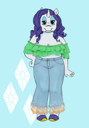 Size: 1014x1452 | Tagged: safe, artist:thunderpibb, imported from derpibooru, rarity, anthro, unicorn, breasts, cleavage, clothes, cutie mark background, eyeshadow, female, hand on hip, jewelry, lidded eyes, looking at you, makeup, pants, ring, shoes, smiling, solo