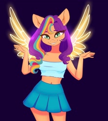 Size: 1702x1916 | Tagged: safe, artist:cherubisous, imported from derpibooru, sunny starscout, alicorn, anthro, earth pony, adorasexy, artificial wings, augmented, bare shoulders, belly button, blue background, breasts, clothes, cute, g5, grin, lip bite, looking at you, magic, magic wings, midriff, miniskirt, pleated skirt, race swap, sexy, short shirt, simple background, skirt, sleeveless, smiling, smiling at you, solo, sunnybetes, sunnycorn, tanktop, thighs, wings