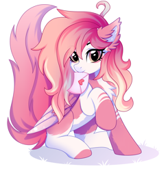 Size: 2500x2549 | Tagged: safe, artist:fluffywhirlpool, imported from derpibooru, oc, oc only, oc:latandra sweetberry, pegasus, pony, ahoge, chest fluff, coat markings, colored pinnae, colored wings, commission, cute, ear fluff, female, folded wings, full body, heart, hearts and hooves day, holiday, letter, looking at you, love letter, mare, mouth hold, pegasus oc, raised hoof, shadow, simple background, sitting, socks (coat markings), solo, two toned wings, valentine, valentine's day, white background, wings, ych result