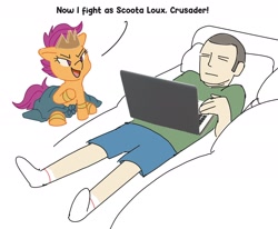 Size: 2110x1739 | Tagged: safe, artist:applephil, imported from derpibooru, scootaloo, human, pegasus, pony, clothes, computer, cosplay, costume, couch, duo, elden ring, female, filly, foal, godfrey, hoarah loux, imagination, laptop computer, male, simple background, white background