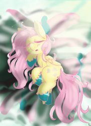 Size: 1000x1385 | Tagged: safe, artist:pagophasia, derpibooru exclusive, imported from derpibooru, fluttershy, pegasus, pony, bed, bed hair, blanket, colored hooves, crepuscular rays, curled up, daylight, daytime, dust motes, eyes closed, female, impossibly long eyelashes, in bed, lying down, mare, morning, open mouth, sleeping, solo, sunlight, unshorn fetlocks, wings