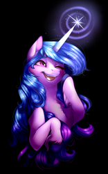 Size: 1672x2680 | Tagged: safe, artist:symphstudio, imported from derpibooru, izzy moonbow, pony, unicorn, black background, eyebrows, female, g5, glowing, glowing horn, high res, hoof on cheek, horn, magic, magic aura, mare, one eye closed, open mouth, open smile, simple background, smiling, solo
