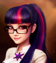 Size: 1024x1152 | Tagged: safe, generator:pony soup v1, imported from derpibooru, sci-twi, twilight sparkle, human, equestria girls, ai content, ai generated, generator:stable diffusion, glasses, humanized, looking at you, prompter:siber, smiling, smiling at you, solo