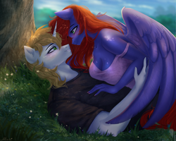 Size: 2500x2000 | Tagged: safe, artist:alicesmitt31, imported from derpibooru, oc, oc only, oc:night coder, oc:pr, anthro, pegasus, unicorn, blushing, breasts, cleavage, clothes, female, green eyes, horn, looking at each other, looking at someone, lying down, lying on the ground, male, oc x oc, shipping, shirt, straight, wings