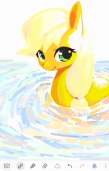 Size: 1078x1694 | Tagged: safe, artist:cheesesauce_45, imported from derpibooru, applejack, earth pony, pony, cute, female, hatless, jackabetes, looking at you, mare, missing accessory, partially submerged, pretty, smiling, smiling at you, solo, sunny day, water