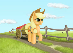 Size: 2478x1800 | Tagged: safe, artist:xodok, imported from derpibooru, applejack, earth pony, pony, series:ponyashnost, apple, cart, cloud, fence, field, food