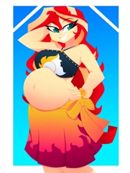 Size: 1500x2000 | Tagged: safe, artist:xan-gelx, imported from derpibooru, sunset shimmer, human, equestria girls, arm behind head, bare shoulders, belly, belly button, big belly, bikini, bikini top, clothes, commission, eye clipping through hair, eyebrows, eyebrows visible through hair, female, grin, hand on head, hand on hip, looking at you, pregnant, sarong, simple background, sleeveless, smiling, smiling at you, solo, sunset preggers, sunset selfie, swimsuit