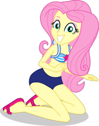 Size: 2357x3011 | Tagged: safe, alternate version, artist:dustinwatsongkx, imported from derpibooru, fluttershy, human, equestria girls, accessory swap, bare shoulders, bikini, clothes, clothes swap, eyebrows, eyeshadow, female, grin, high res, makeup, one-piece swimsuit, sandals, sci-twi swimsuit, shadow, simple background, sleeveless, smiling, solo, swimsuit, swimsuit swap, transparent background