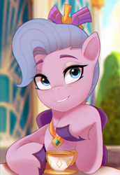 Size: 1755x2546 | Tagged: safe, artist:maren, imported from derpibooru, queen haven, pegasus, pony, adorahaven, cup, cute, eye clipping through hair, eyebrows, eyebrows visible through hair, female, g5, grin, high res, looking at you, mare, plate, smiling, smiling at you, solo, table, teacup