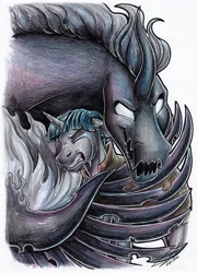 Size: 2498x3475 | Tagged: safe, artist:lupiarts, imported from derpibooru, pony of shadows, stygian, alicorn, pony, unicorn, shadow play, clothes, commission, crying, eyes closed, glowing, glowing eyes, gritted teeth, high res, hug, male, teeth, traditional art, winghug, wings