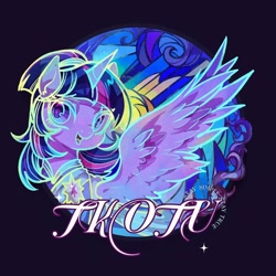 Size: 1080x1080 | Tagged: safe, artist:tkotu1, imported from derpibooru, twilight sparkle, alicorn, pony, the last problem, black background, clothes, coronation dress, dress, female, mare, one wing out, open mouth, open smile, second coronation dress, simple background, smiling, solo, twilight sparkle (alicorn), wings