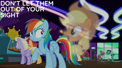 Size: 2000x1125 | Tagged: safe, edit, edited screencap, editor:quoterific, imported from derpibooru, screencap, applejack, rainbow dash, earth pony, pegasus, pony, grannies gone wild, applejack's hat, cowboy hat, female, hat, mare