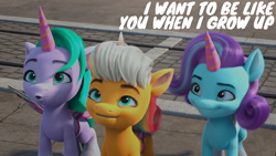 Size: 1920x1080 | Tagged: safe, edit, edited screencap, editor:quoterific, imported from derpibooru, screencap, earth pony, pegasus, pony, unicorn, spoiler:my little pony: make your mark, spoiler:my little pony: make your mark chapter 2, spoiler:myms01e04, ali-conned, female, filly, foal, g5, glory (g5), my little pony: make your mark, my little pony: make your mark chapter 2, peach fizz, pippsqueak trio, pippsqueaks, seashell (g5)