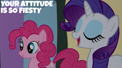 Size: 2000x1125 | Tagged: safe, edit, edited screencap, editor:quoterific, imported from derpibooru, screencap, pinkie pie, rarity, earth pony, pony, unicorn, putting your hoof down, eyes closed, female, mare, open mouth