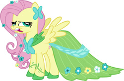Size: 630x414 | Tagged: artist needed, dead source, safe, imported from derpibooru, fluttershy, pegasus, pony, clothes, dress, female, gala dress, majestic as fuck, mare, show accurate, side view, simple background, solo, spread wings, white background, wings