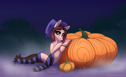 Size: 2975x1835 | Tagged: safe, artist:alrumoon_art, imported from derpibooru, oc, oc only, earth pony, pony, alrumoon halloween ych 2022, clothes, female, hat, mare, pumpkin, socks, solo, striped socks, witch hat