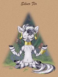 Size: 3000x4000 | Tagged: safe, artist:silverfir, imported from derpibooru, zecora, zebra, abstract background, bracelet, ear fluff, ear piercing, earring, eyes closed, female, fluffy, jewelry, mare, meditating, neck rings, piercing, solo