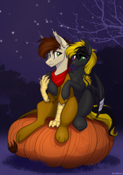 Size: 1668x2388 | Tagged: safe, artist:alrumoon_art, imported from derpibooru, oc, oc only, oc:shade demonshy, oc:swango, hippogriff, pegasus, pony, alrumoon halloween ych 2022, female, male, mare, night, pumpkin, stars