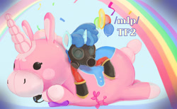 Size: 2000x1234 | Tagged: safe, imported from derpibooru, party favor, pony, unicorn, /mlp/ tf2 general, balloon, balloon animal, balloonicorn, confetti, eyes closed, gas mask, mask, pyro, rainbow, team fortress 2, text