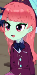 Size: 384x768 | Tagged: safe, edit, edited screencap, editor:luckreza8, imported from derpibooru, screencap, melon mint, human, equestria girls, friendship games, :d, ai content, ai generated, anime, clothes, cute, female, generator:pinegraph, melondorable, open mouth, open smile, school uniform, smiling