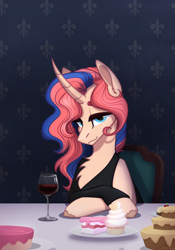 Size: 1668x2388 | Tagged: safe, artist:alrumoon_art, imported from derpibooru, oc, oc only, pony, unicorn, cake, female, food, glass, mare, plate, solo, wine glass