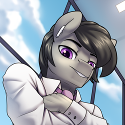 Size: 1220x1220 | Tagged: safe, artist:jedayskayvoker, imported from derpibooru, octavia melody, anthro, comic:play the record, advertisement, airpods, daddy, daddy kink, dilf, looking at you, male, necktie, octavius, office, patreon, patreon exclusive, patreon preview, rule 63, solo, stallion