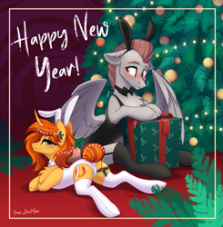 Size: 2503x2551 | Tagged: safe, artist:alrumoon_art, imported from derpibooru, oc, oc only, oc:hope, oc:singularity, pegasus, pony, unicorn, blushing, bowtie, bunny ears, butt, chest fluff, christmas, christmas tree, clothes, female, holiday, male, mare, plot, present, stockings, tail, tail bun, thigh highs, tree